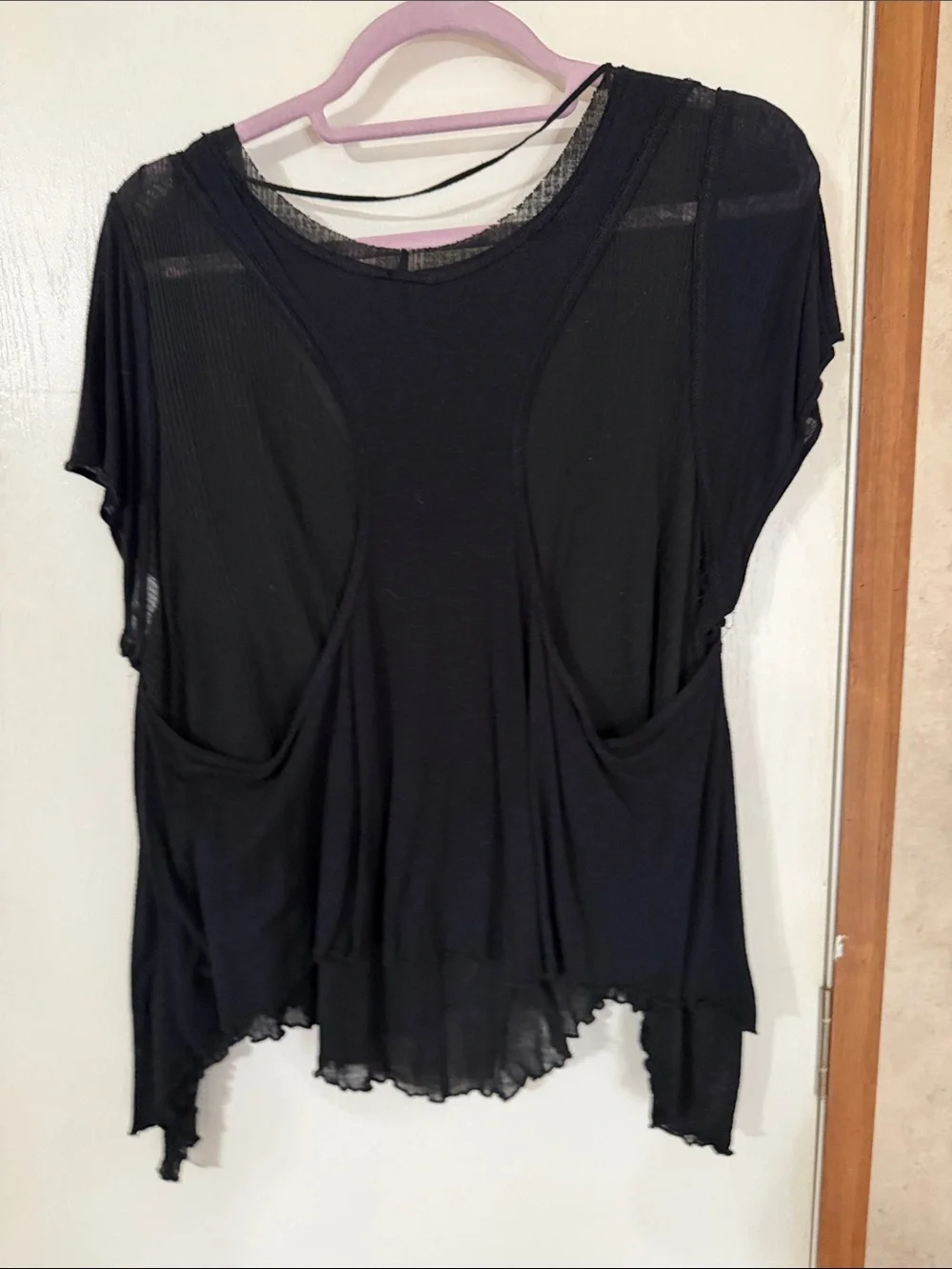 Free People Black Short Sleeve Scoop Neck Draped Tee
